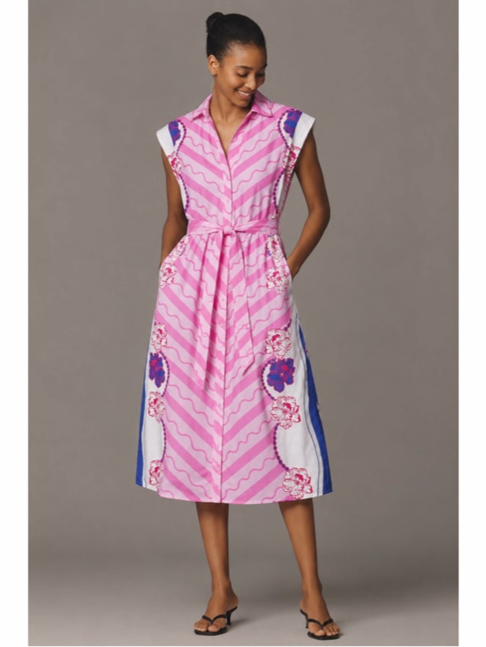 Celina Moon Pink Floral Belted Poplin Sleeveless Midi Dress Womens Size XS